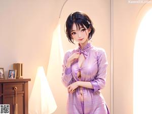 A woman in a purple dress standing in a room.