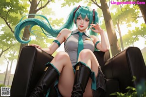 A woman sitting on a black chair in a park.