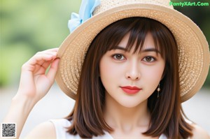 A woman wearing a straw hat with a blue bow.