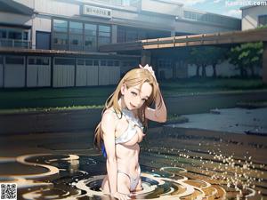 A woman in a white bikini standing in a puddle of water.