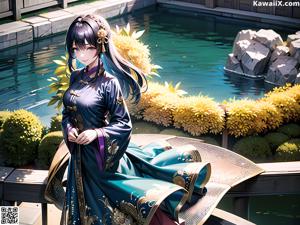 A woman in a blue dress sitting on a wooden bridge.